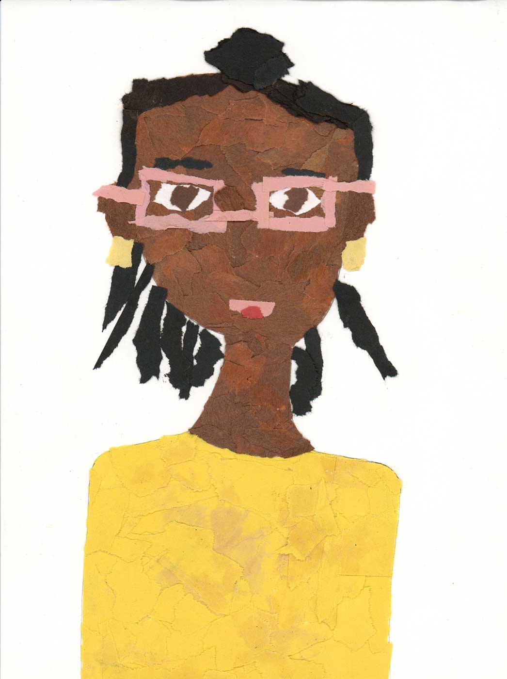 collage of a girl wearing a yellow long-sleeved shirt and pink glasses.