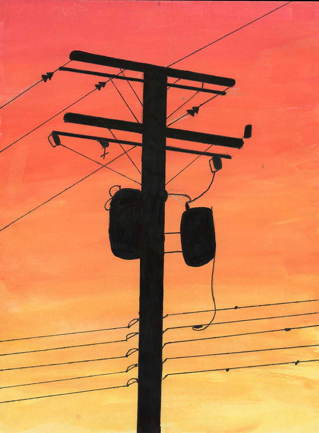drawing of a transformer pole silhouette in front of the sunset.