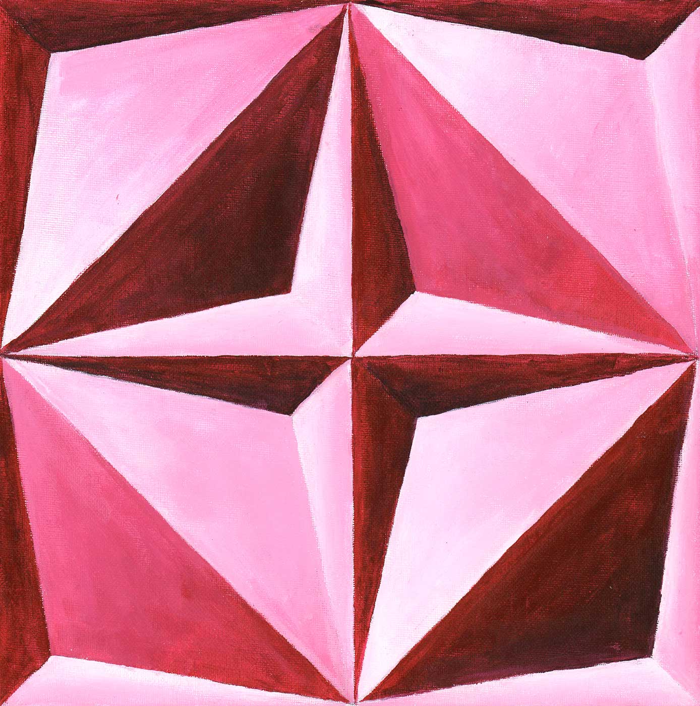 acrylic painting of a three-dimensional shape that showcases triangles and a four point star.