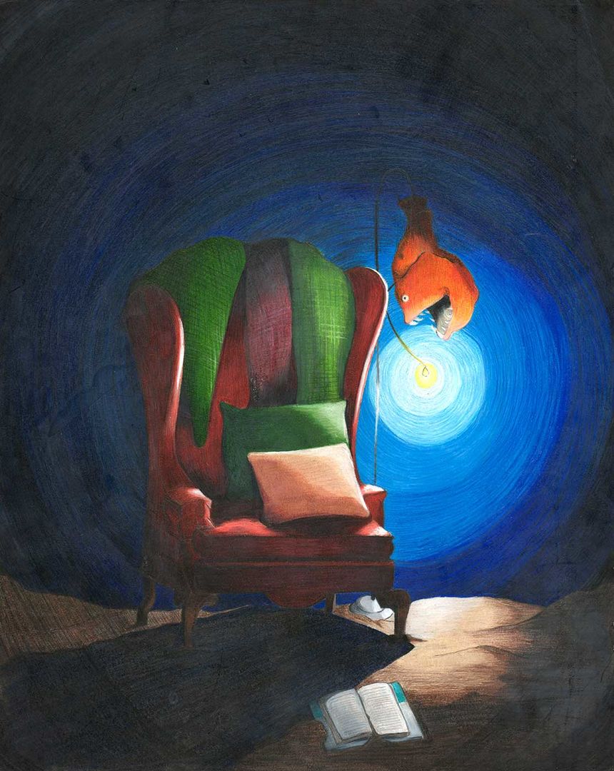 drawing of a backlit wingback chair and a book on the ground.