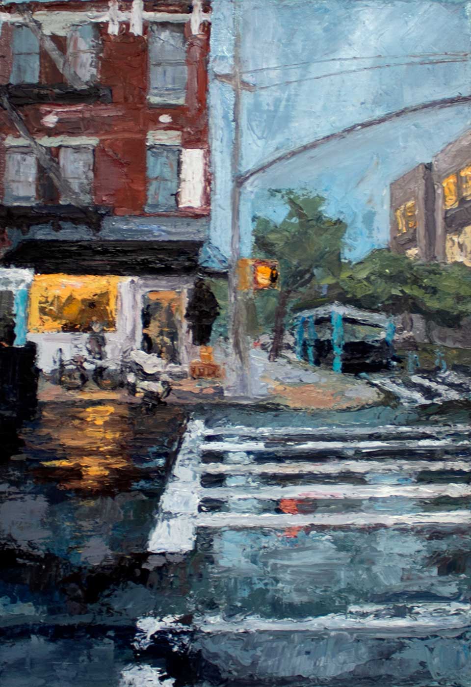 painting of a crosswalk and street corner in a rainy day.