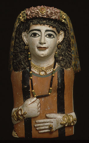 Mummy mask of a woman with a jeweled garland