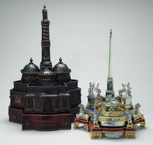 Inkstand in the Form of the Quirinal Monument, with Leather Case