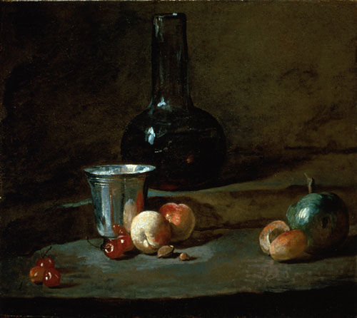 Carafe of Wine, Silver Goblet, Five Cherries, Two Peaches, an Apricot, and a Green Apple