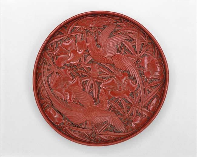 Dish with two birds and hollyhocks