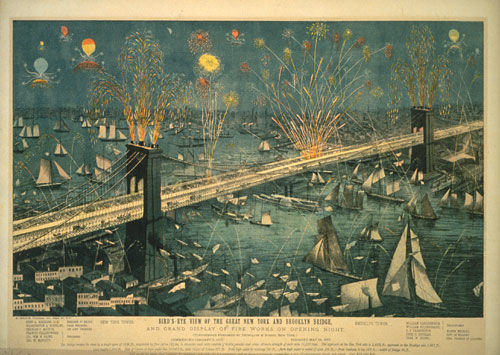 Bird's-Eye View of the Great New York and Brooklyn Bridge, and Grand Display of Fireworks on Opening Night, May 24, 1883