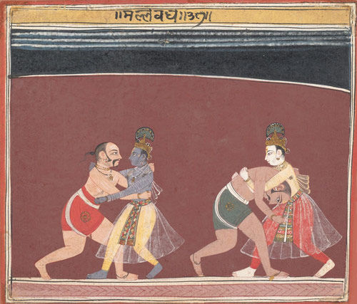 Krishna and Balarama Fight Kamsa's Wrestlers: Page from a Dispersed <i>Bhagavata Purana</i> (Ancient Stories of Lord Vishnu)        