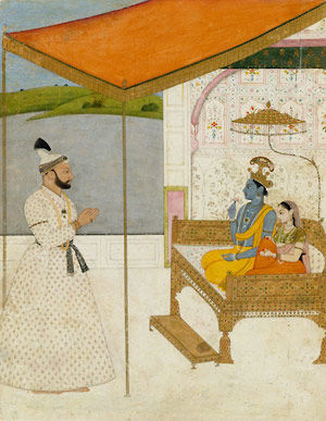 Raja Balwant Singh of Jasrota Does Homage to Krishna and Radha       