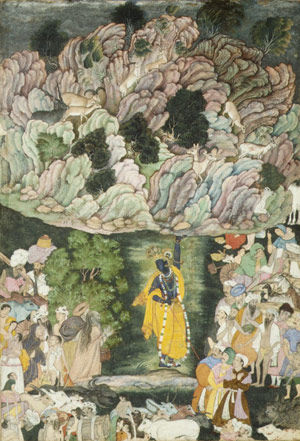 Krishna Shields the Inhabitants of Braj with Mount Govardhana: Page from a Dispersed <i>Harivamsa (Lineage of Krishna)</i>