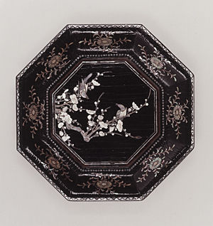 Octagonal dish with flowering plums and birds