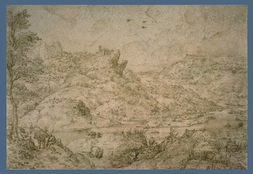 Mountain Landscape with River and Travelers