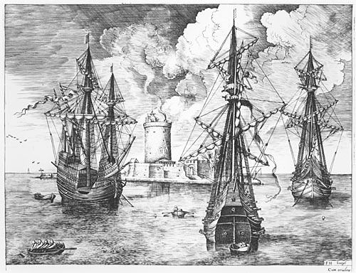 Four-Master and Two Three-Masters Anchored near a Fortified Island with a Lighthouse
