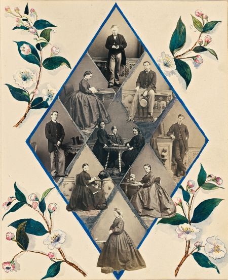 "Diamond Shape with Nine Studio Portraits of the Palmerston Family and a Painted Cherry Blossom Surround," from the <i>Jocelyn Album</i>