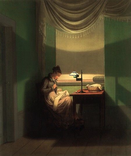 Young Woman Sewing by Lamplight