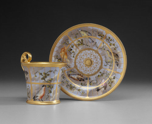 Cup and Saucer Decorated with a Birdcage
