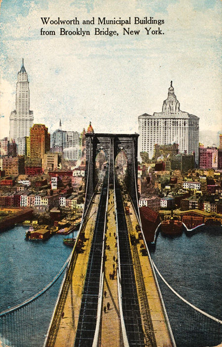 Woolworth and Municipal Buildings from Brooklyn Bridge, New York