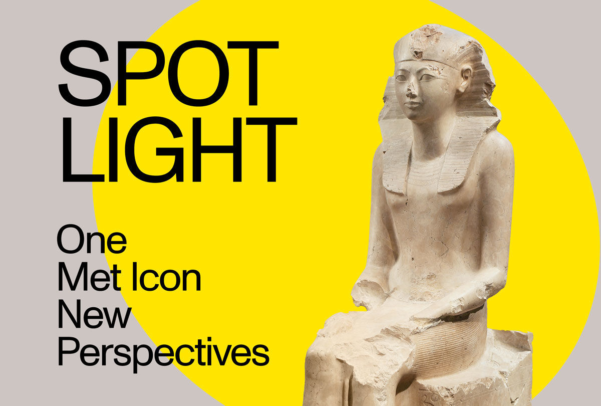 Limestone statue of a seated Hatshepsut with a yellow ellipse behind it and the text 