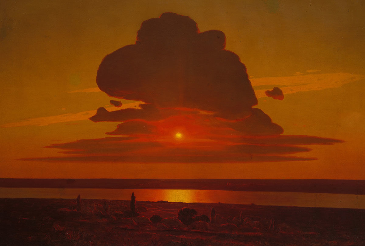 Painting of a sunset over the river Dnieper, which runs through Ukraine
