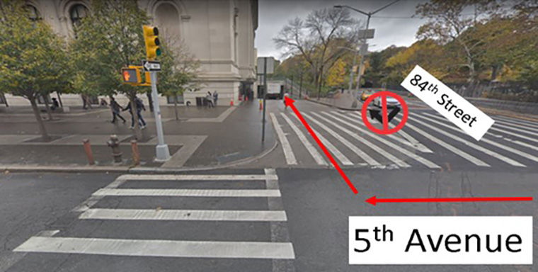 Still from security footage of the intersection of Fifth Avenue and 84th street, illustrating where vehicles should go to reach the loading dock 