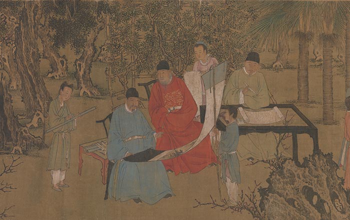 Close-up of a Chinese handscroll with gathering of three scholars and three younger attendants in a garden