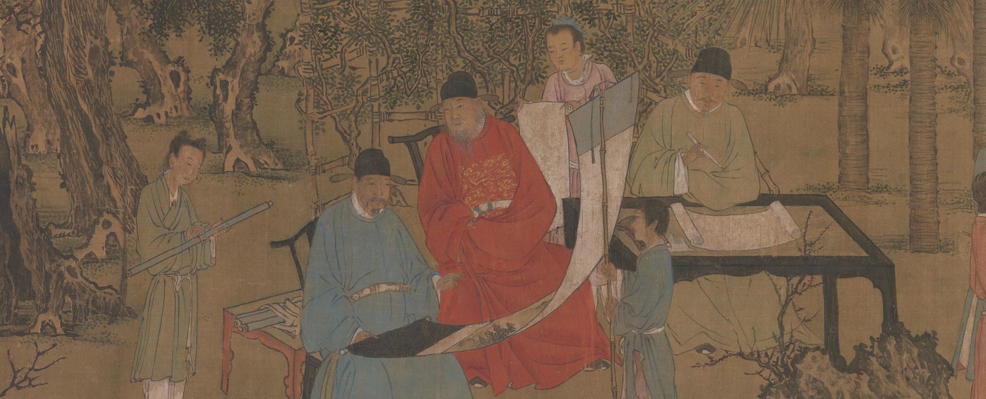 Close-up of a Chinese handscroll with gathering of three scholars and three younger attendants in a garden