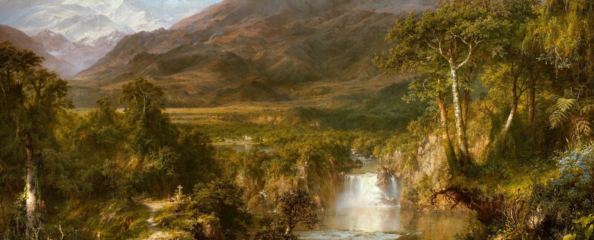 Landscape painting of the Andes, with a small cross placed on the edge of cliff, to the left of a waterfall, with mountains covered by clouds followed by a snow-capped mountain in the background 