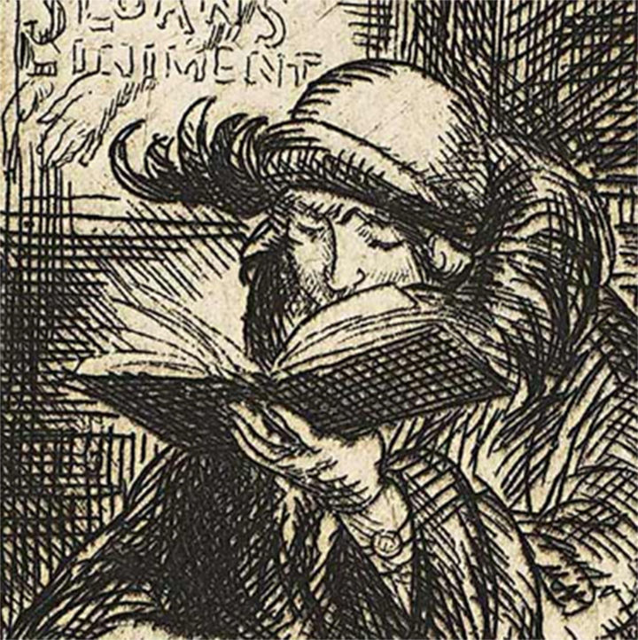 A drawing of a woman reading a book.