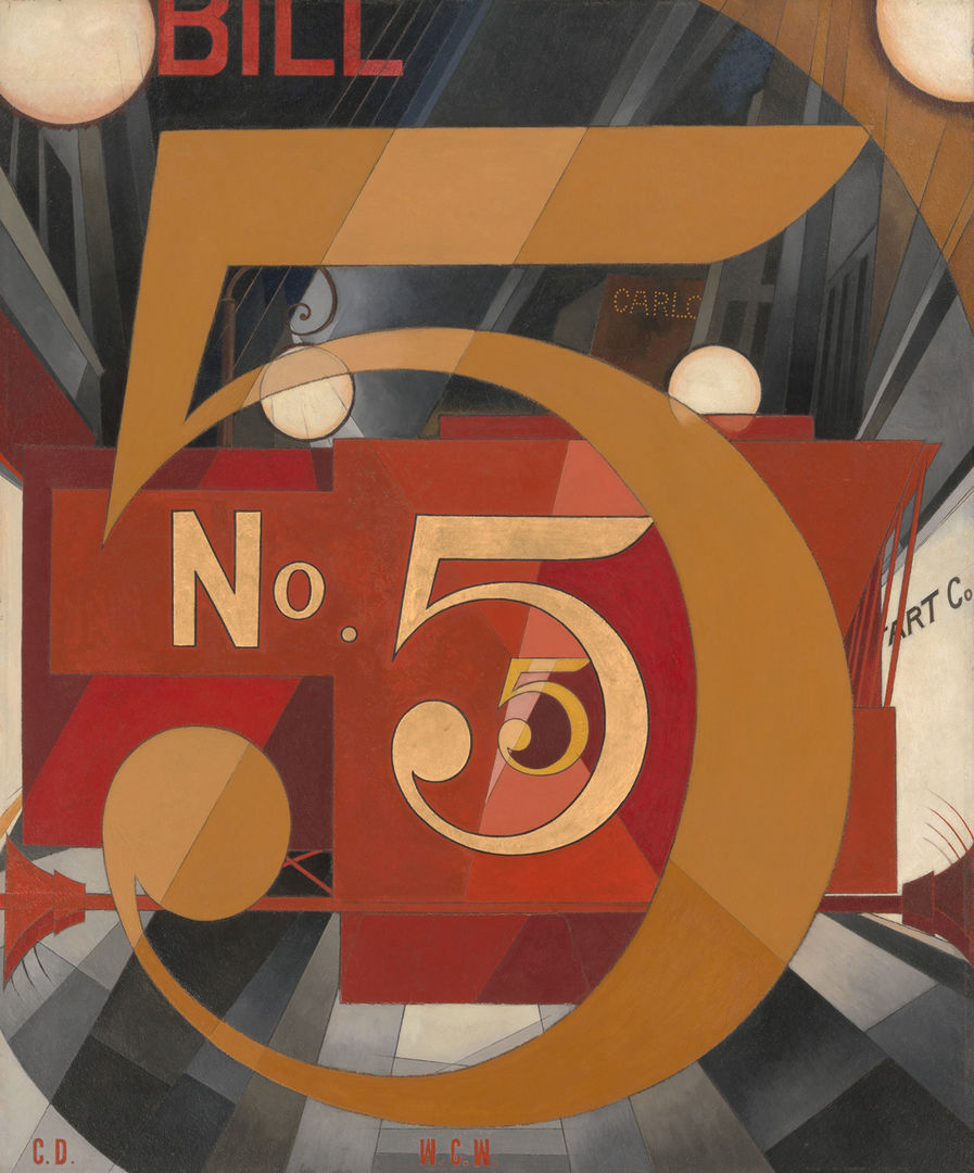 A painting with close-up and distant views of the figure 5 in the foreground, middleground, and background