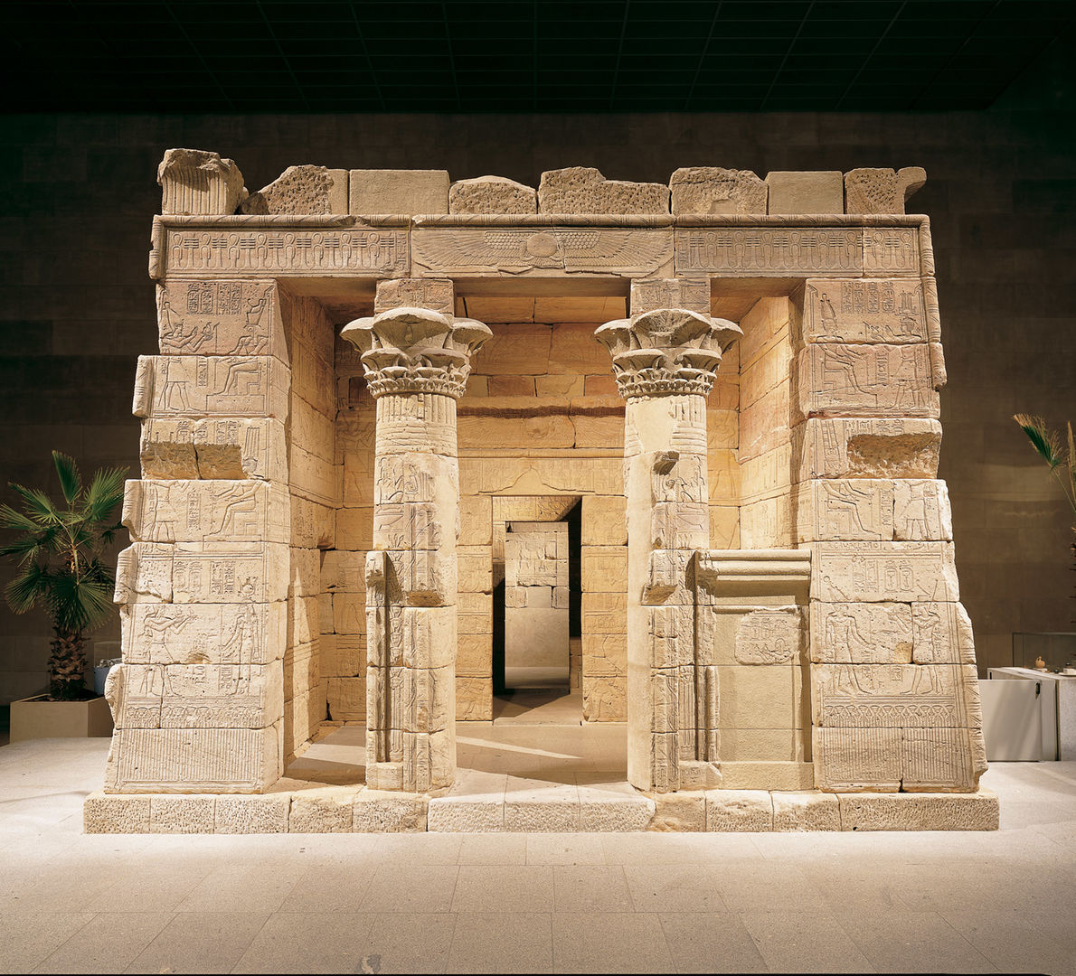 The Temple of Dendur, Roman Period, reign of Augustus Caesar, ca. 15 B.C. Egypt, Nubia, Dendur, west bank of the Nile River, 50 miles south of Aswan. Aeolian Sandstone; L. from gate to rear of temple 24 m 60 cm (82 ft.). Given to the United States by Egypt in 1965, awarded to The Metropolitan Museum of Art in 1967, and installed in The Sackler Wing in 1978 (68.154)