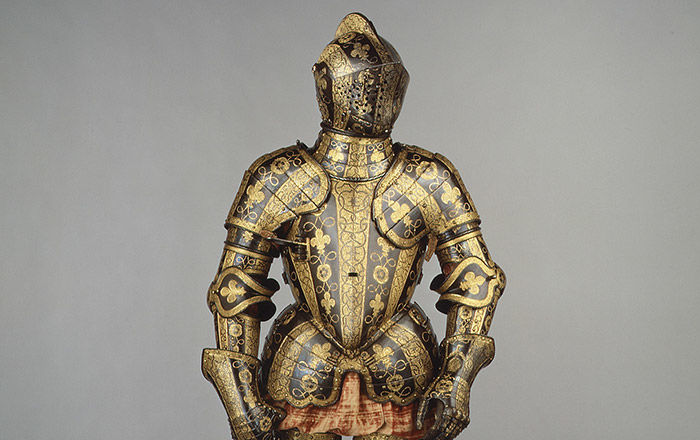 art assignment class 6 A suit of armor highly decorated with geometrical and floral patterns, blackened and gilded