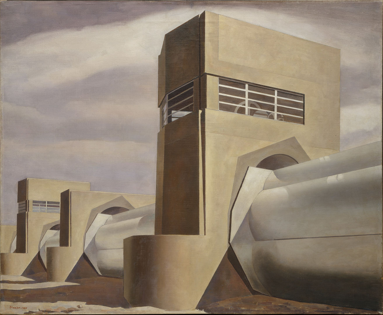 A hyper-realistic modern and austere painting of an industrial building with a cluster of huge white pipes that pierce tall stone towers