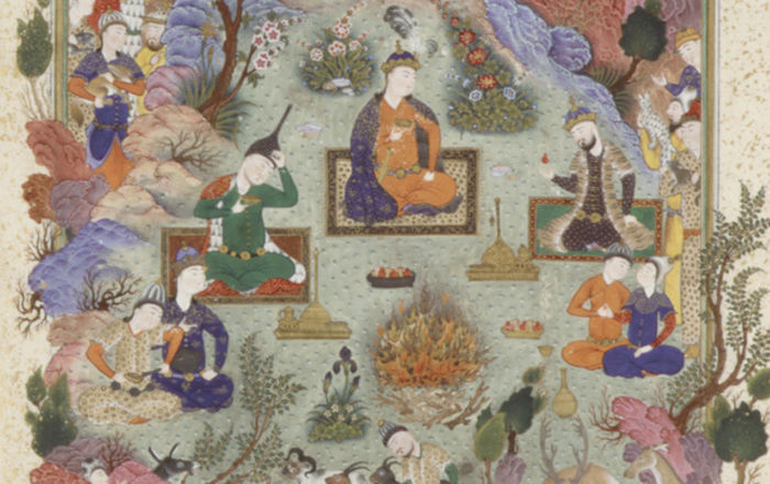 art assignment class 6 A colorful Islamic manuscript page decorated with caligraphic writing and figures in a landscape around a campfire
