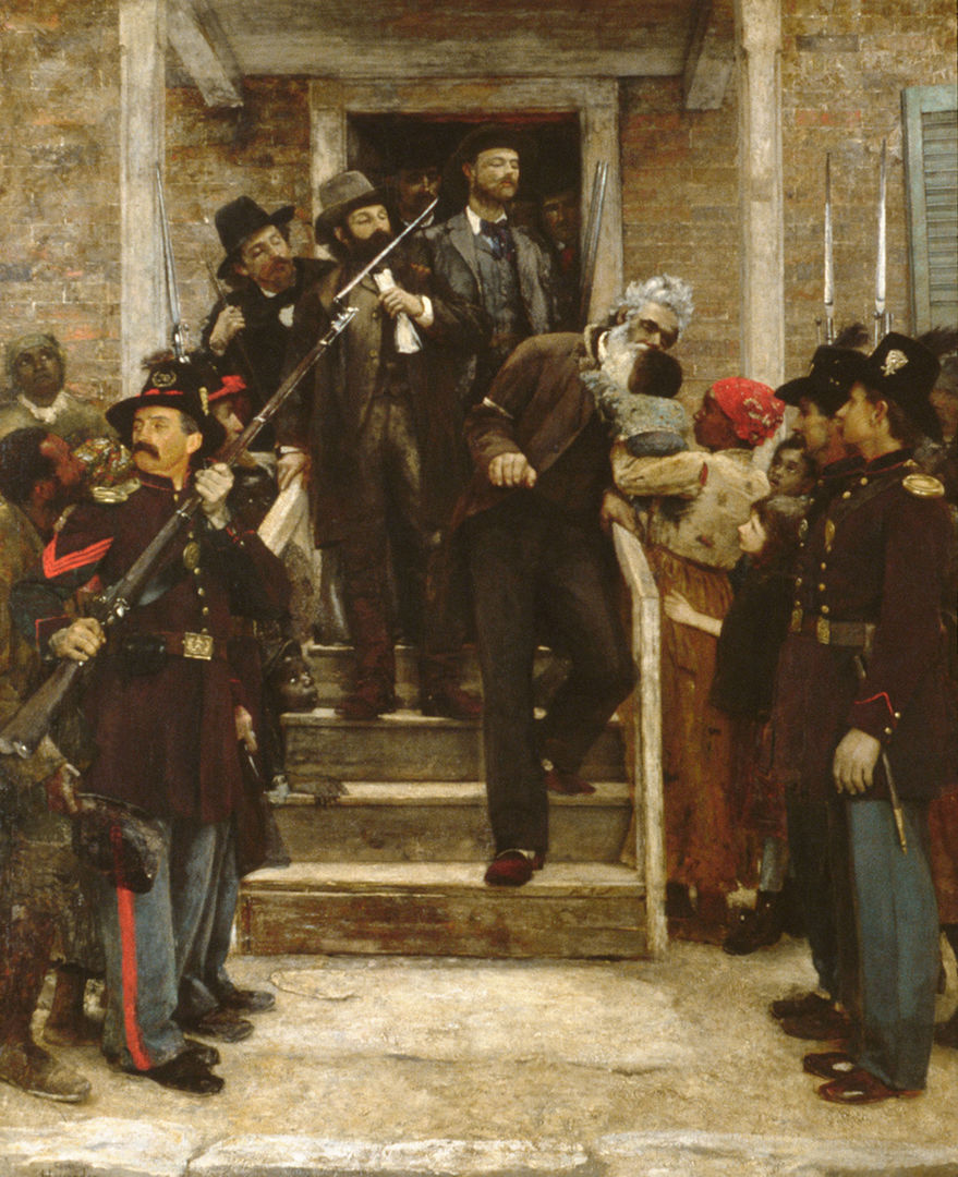A prisoner in arm cuffs exiting the front door of a house, leaning down to kiss a baby in the arms of a woman; on the street, armed guards line the entrance to the stoop of the house