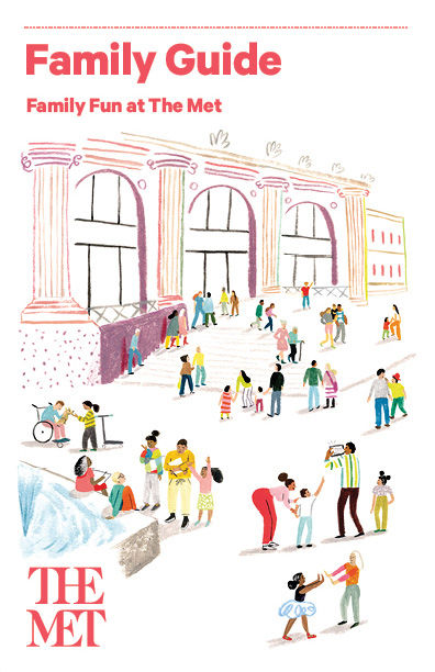Cover of a brochure with a very colorful illustration of visitors and families on The Met's Plaza.