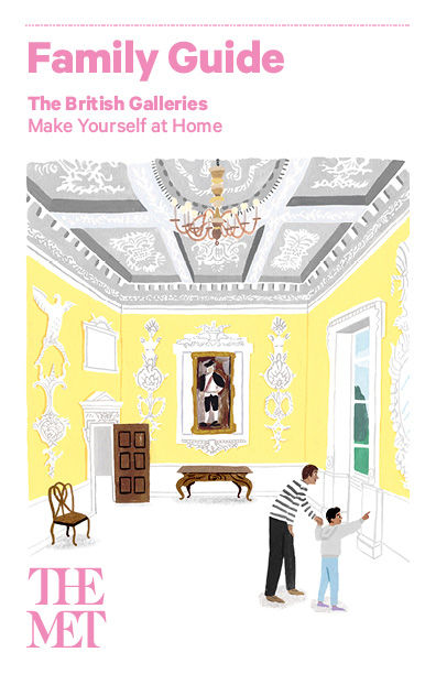 Cover of a brochure with a very colorful illustration of visitors in a yellow Met gallery.