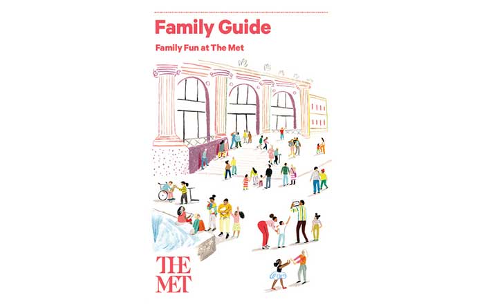 Cover of a brochure with a very colorful illustration of visitors and families on The Met's Plaza.