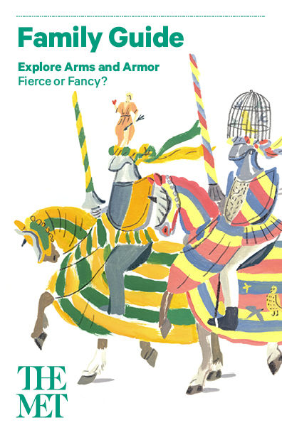 Cover of a brochure with a very colorful illustration of jousting knights on horseback galloping