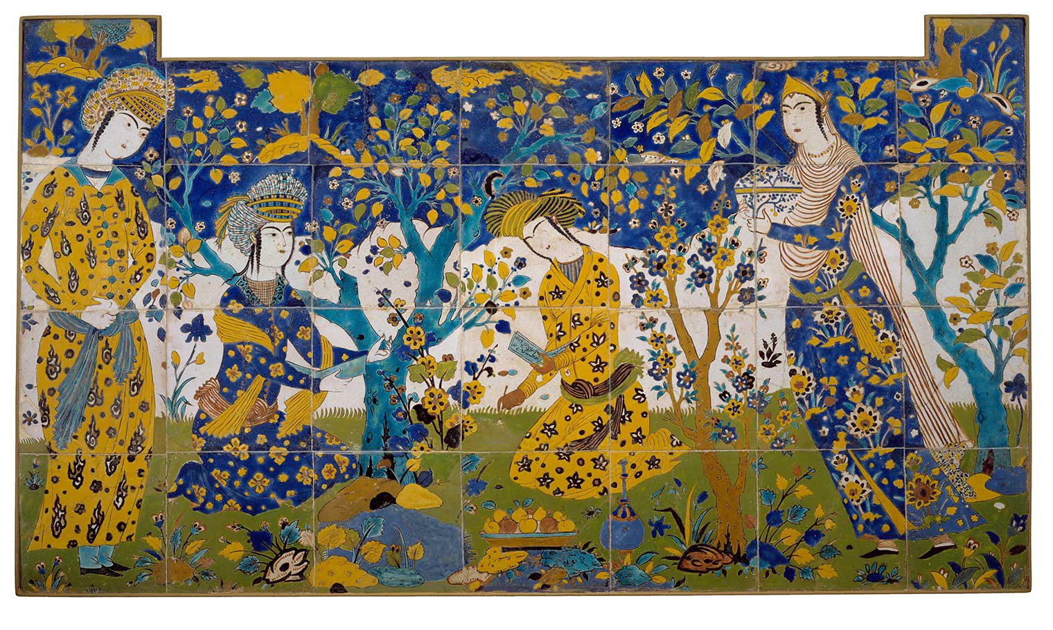 A series of tile depicting a lush landscape setting of a picnic with men and women enjoying fruit and beverages. They are wearing patterned robes, silk sashes, and striped turbans as depicted in seventeenth-century Persian drawings and paintings.  