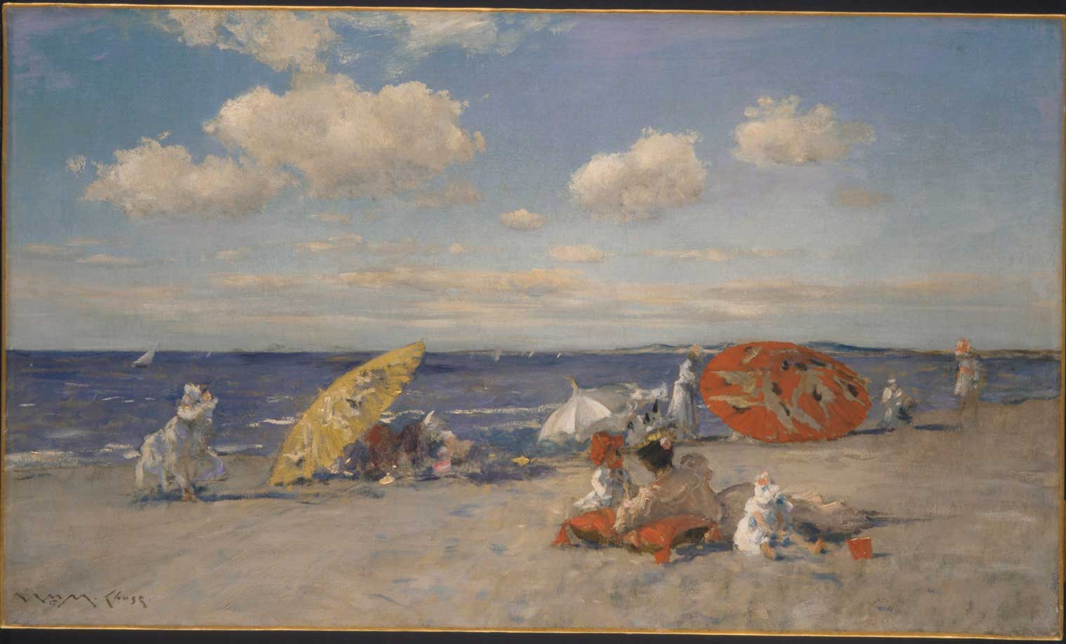 An oil painting of a beach with yellow and orange sun umbrellas, deep blue ocean, white clouds, and various figures