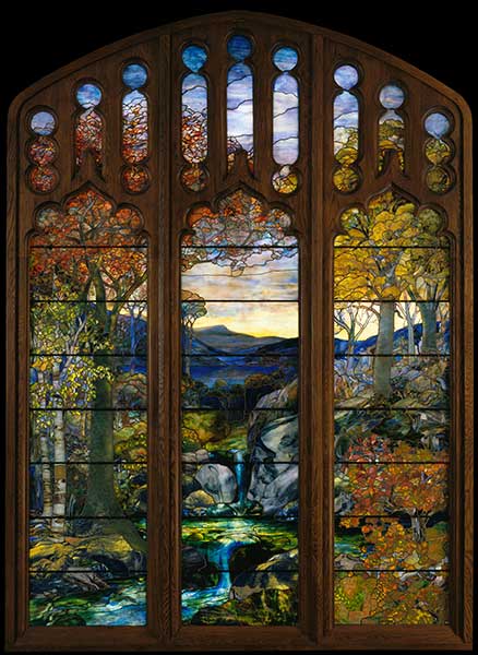 A landscape scene divided into three panes with a small waterfall in the middle. 