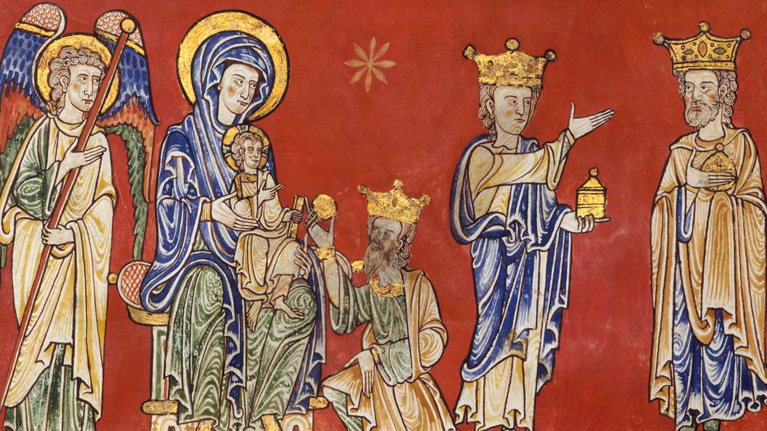 Illustration of the magi presenting gifts to Mary and Jesus from an Austrian manuscript