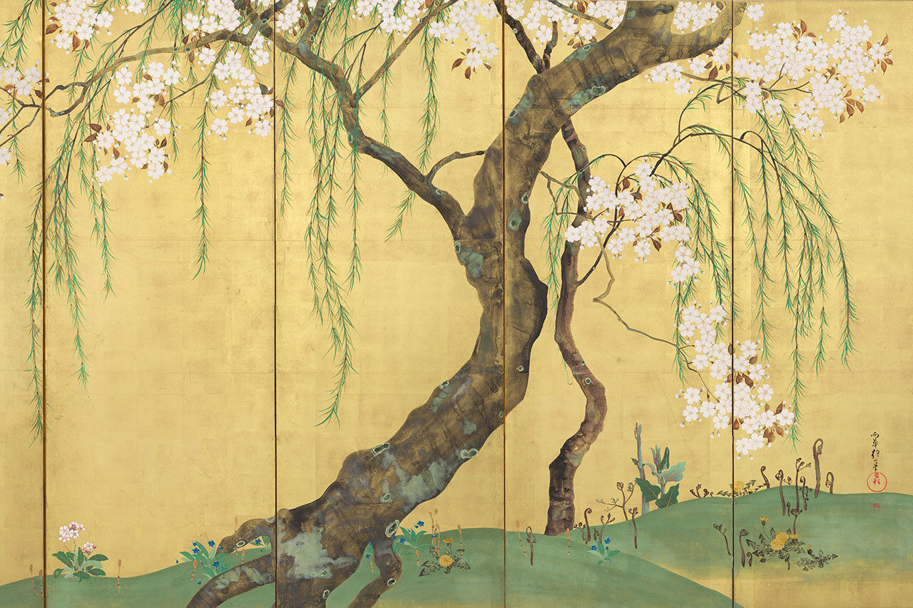 A gold-leaf screen depicting a white cherry blossom