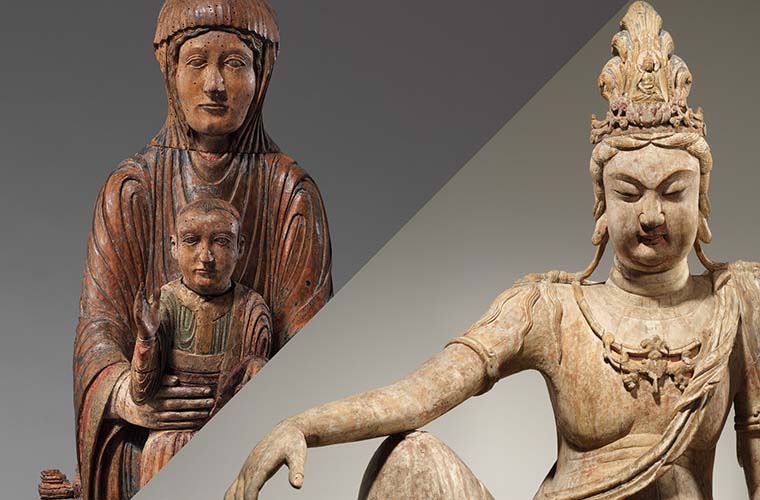 Left: A wooden sculpture of a woman holding an infant child. Right: A stone sculpture of a lounging figure