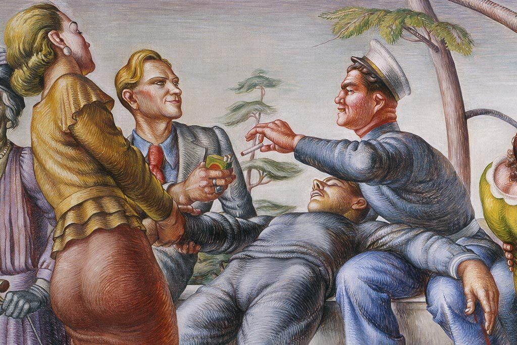 A detail of Cadmus's painting depicting two men sharing a cigarette