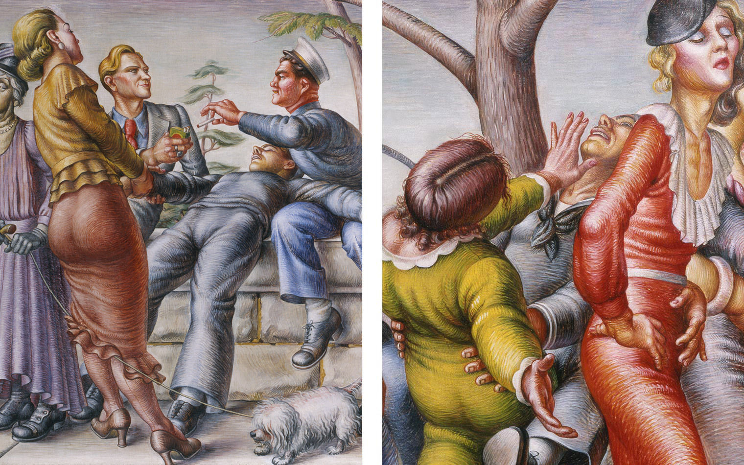 Two details of Paul Cadmus's The Fleet's In depicting a man in a suit and a woman rejecting a man's advances