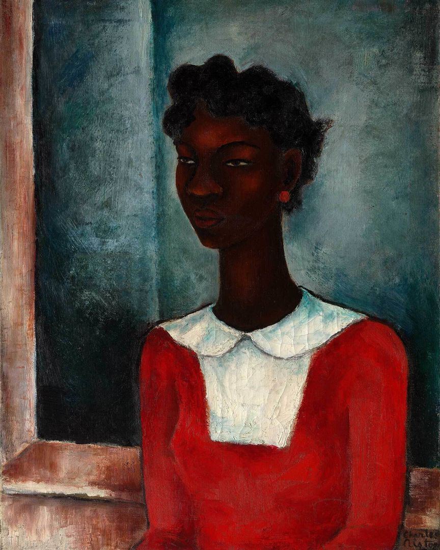A painting of a young Black woman in a red dress