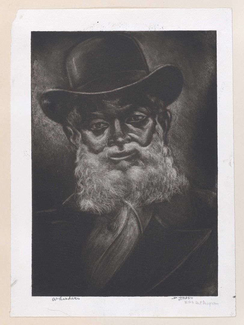 An etching of a man with a bushy white beard