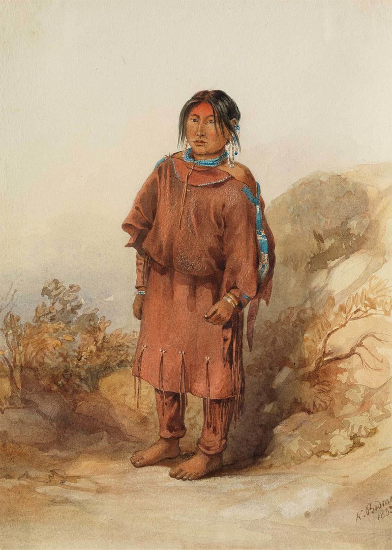 A painting of a young Indigenous woman standing in a landscape