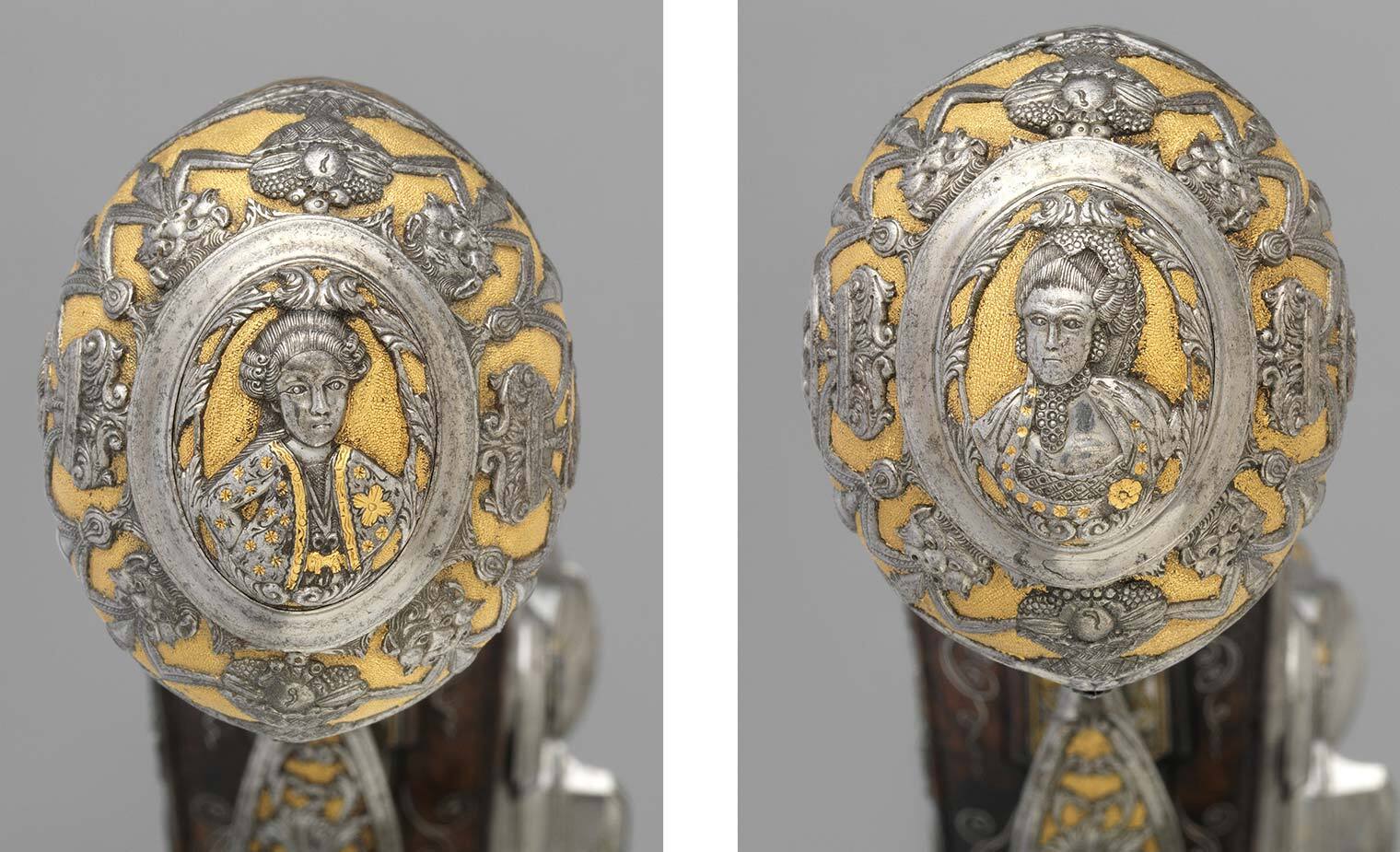 Two portrait medallions on the hilt of pistols