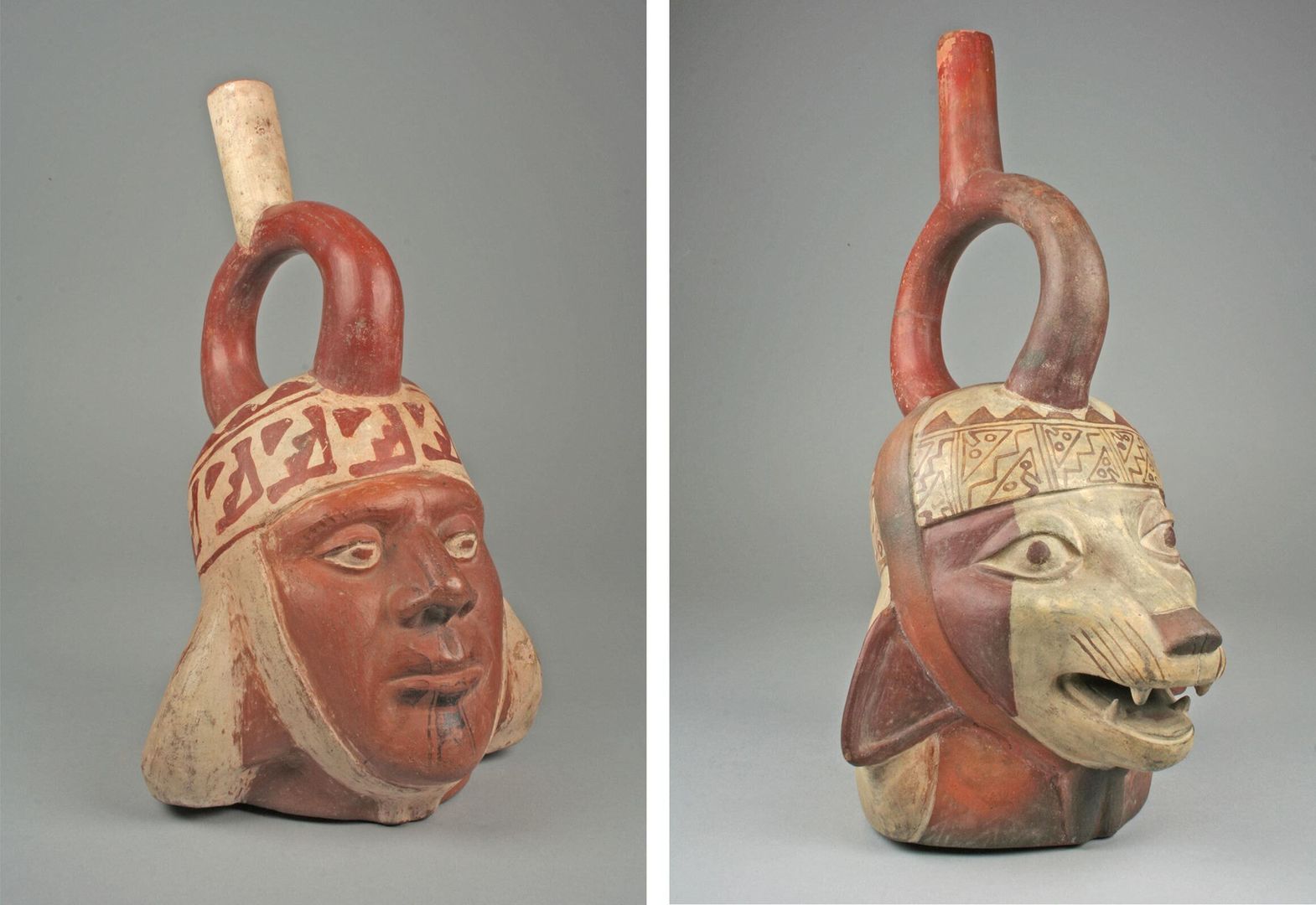 Two vessels in the shape of heads, one human and one animal